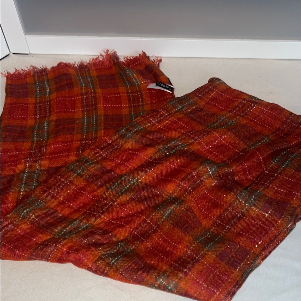 Talbots burnt orange multi color with gold pin stripes scarf wrap viscose
